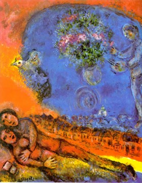  arc - Couple on red background contemporary Marc Chagall